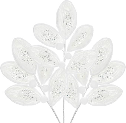 Briful 3PCS White Fur Christmas Picks and Sprays - 21.2" Plush Christmas Leaves Stems with Glitter Sequins for Xmas Tree Wreath Garland Holiday Floral Decor