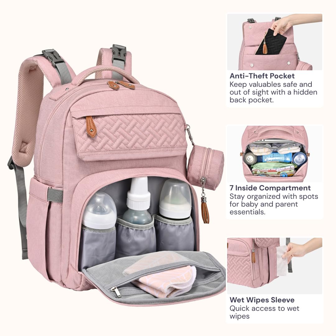 BabbleRoo Diaper Bag Backpack - Travel Large Baby Diaper Bag with Changing pad, Waterproof Baby Bags for Mom & Dad, Unisex Bags with Pacifier Case, Luggage Strap & Stroller Clips– Pink