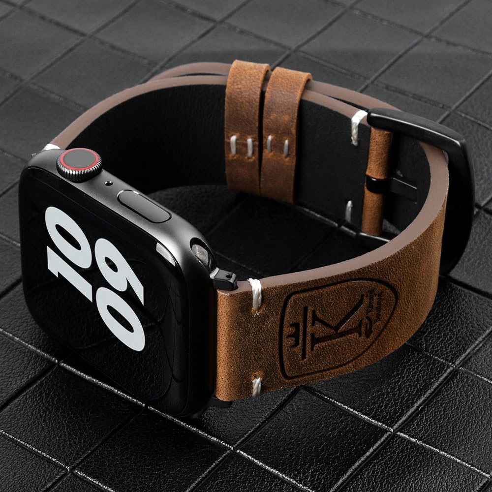 KONAFEI Band Compatible with Apple Watch Ultra 2/1 49mm 46mm 45mm 44mm 42mm 41mm 40mm 38mm Series 10/9/8/SE/7/6/5/4/3/2, Vintage Leather iWatch Strap for Men Women (38/40/41mm, Classic Crazy-Horse Leather-Yellow Brown)