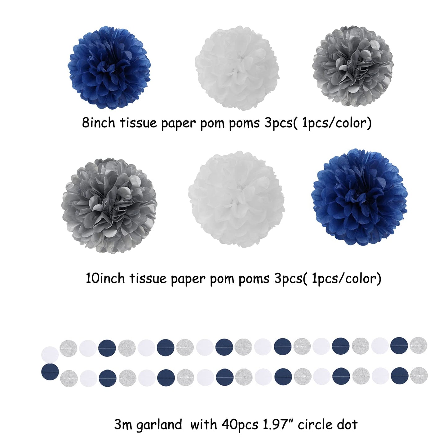 Navy Blue White Silver Party Decorations,23pcs Kit Graduation 2026 Tissue Paper Pom Poms Streamers,Tassel Garland Banner Flowers,Men Birthday Bachelorette Baby Shower Christmas Decor Lasting Surprise