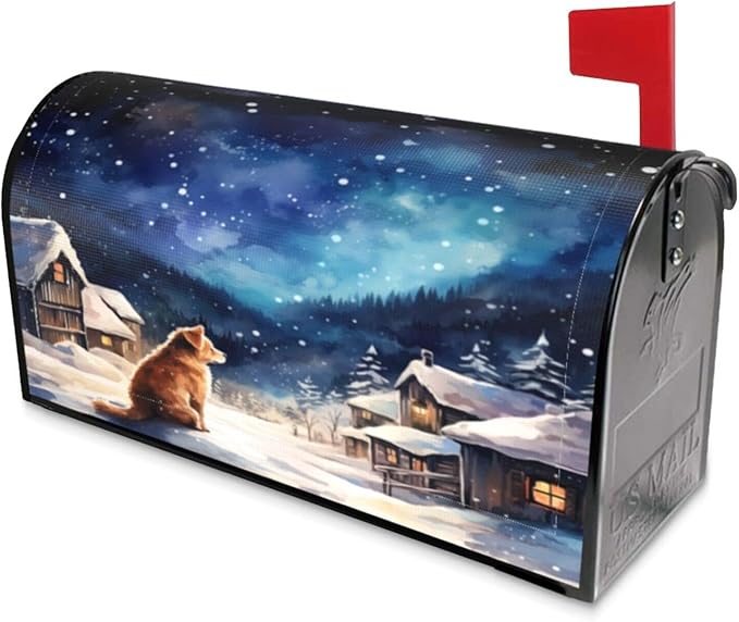 DADABULIU Mailbox Covers Winter Dog Christmas Snow Winter Dog Christmas Snow Magnetic Letter Post Box Cover Standard Size 25.5 x 21 Inch Garden Yard Home Decorative