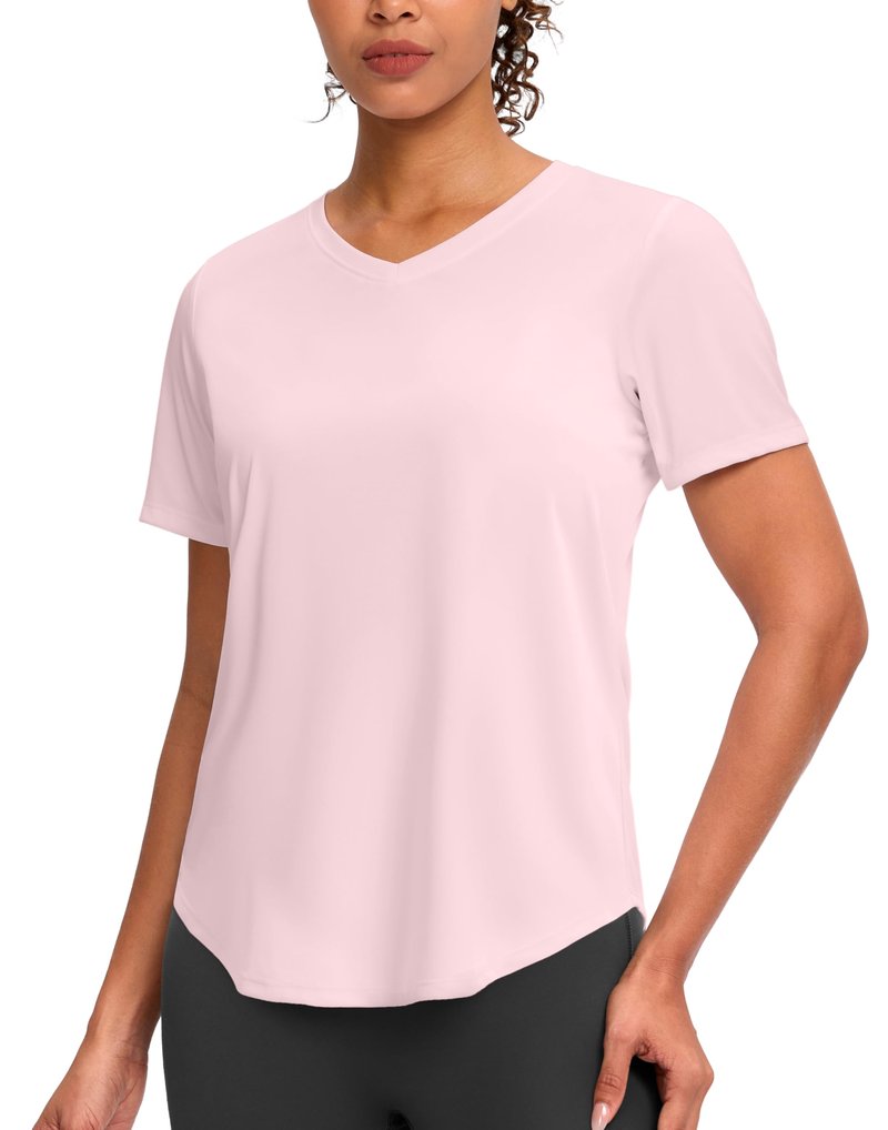 Womens Workout Shirts V-Neck Short Sleeve UPF 50+ Sun Shirt Moisture Wicking Dry Fit Top for Gym, Running, Athletic (Peach, L)