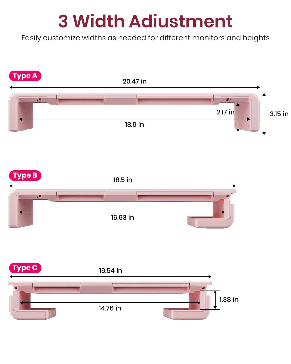 Pink Monitor Stand Riser, Klearlook Foldable, Height Adjustable Computer Stand, Desk Shelf Riser with Storage Drawer &Tablet Phone Stand for Desktop, Laptop