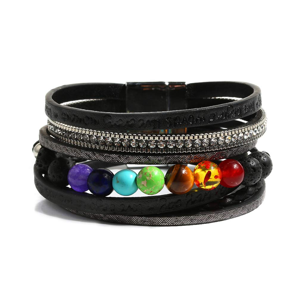 Vercret Leather Wrap Bracelet for Women - Lava Stone Chakra Multi-Layer Bracelets Magnetic Clasp Bangle Cuff Stacked Bracelet for lady and Mother