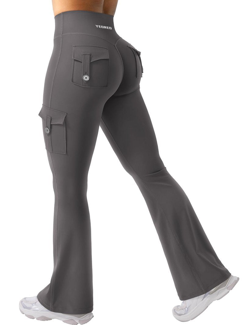 YEOREO CoreFlex Women Workout Flare Leggings with Pockets Hidden Scrunch High Waisted Cargo Gym Yoga No Front Seam Leggings Dark Grey M