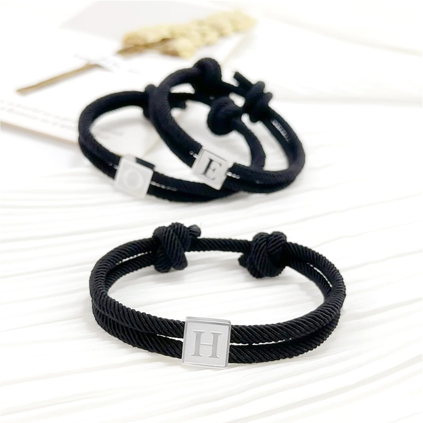 BHDJSHX Personalized Initial Rope Bracelet for Men, Stainless Steel A-Z Letter Charm Bracelet,Adjustable Handmade Braided Black Cord,7-13 Inches,Gifts For Men,Brothers,Son,Boyfriend(C)