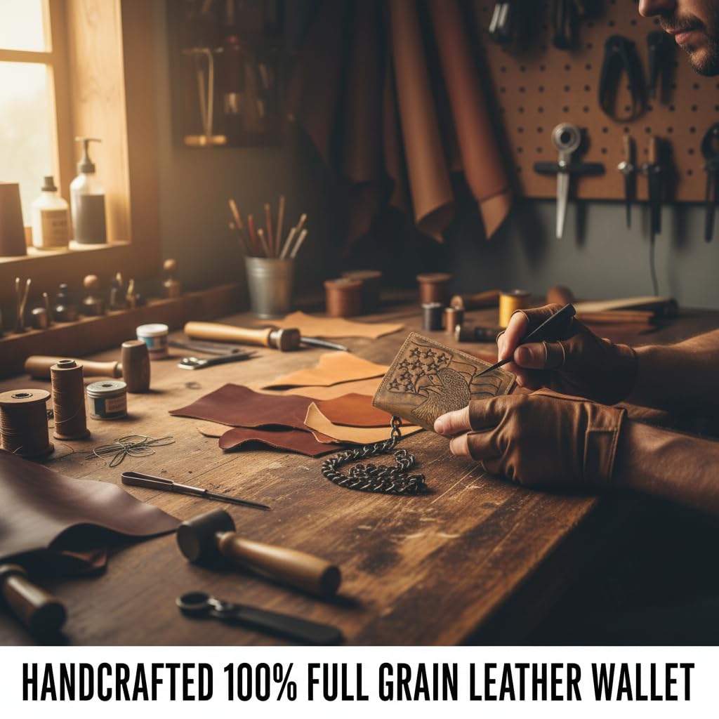 F&L CLASSIC RFID Blocking Men's Tri-fold Vintage Biker Cowhide Leather Steel Chain Wallet,Snap closure, brown,eagle flag,315-101