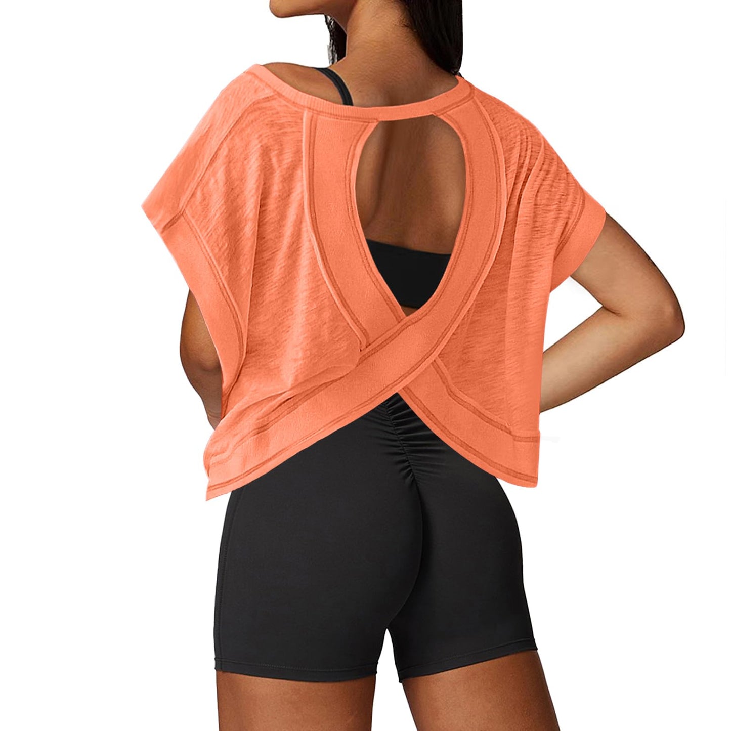 UNIANKIYA Open Back Workout Tops for Women Loose Fit Athletic Crop Tee Short Sleeve Gym Running Yoga Shirt Orange