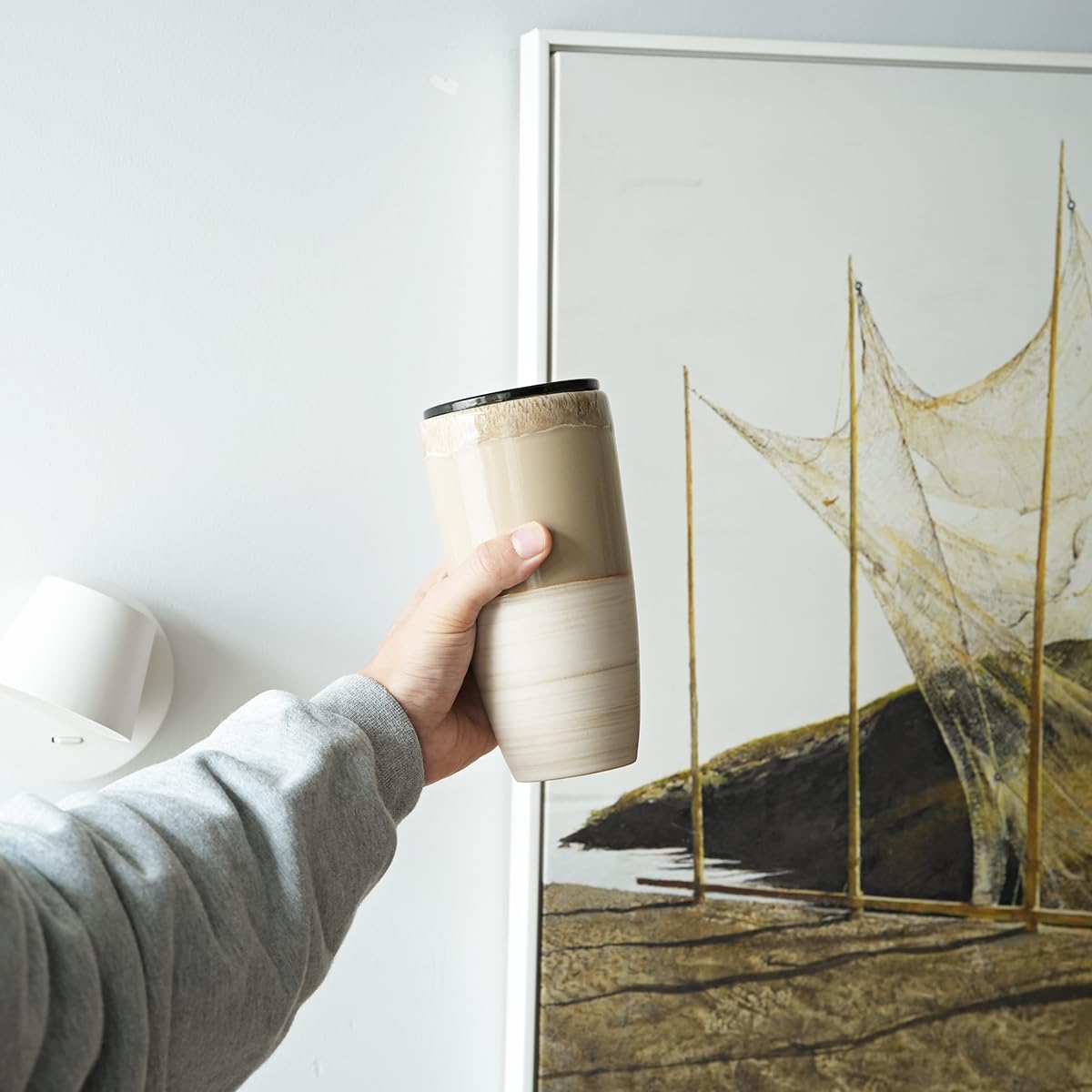 Bosmarlin Ceramic Travel Coffee Cup with Lid, 21 oz, Portable Coffee Mug for Car Cup Holder, Microwave and Dishwasher Safe, Reactive Glaze (Brown Grey)