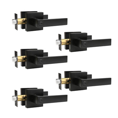 Brotima 5 Pack Matte Black Door Handles Privacy Door Levers, Heavy Duty Bed and Bath Door Locks Interior Keyless Locksets, Reversible Flat Levers with Square Rosette