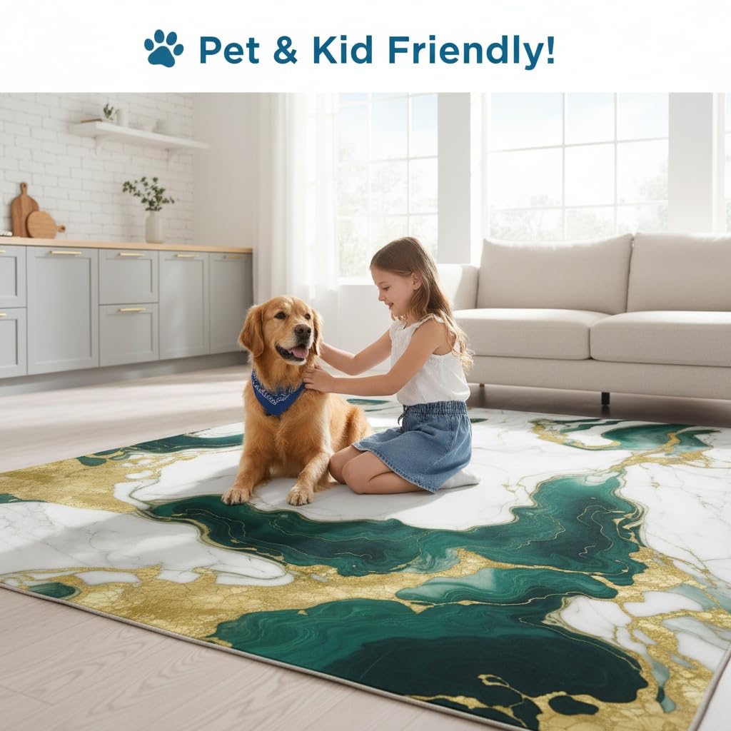 Marble Swirl Modern Abstract Emerald Green Grey Gold Area Rug for Living Room Bedroom Ultra Soft Wool Carpet Under Dining Table Lux Aesthetic Home Office Carpets 5x7
