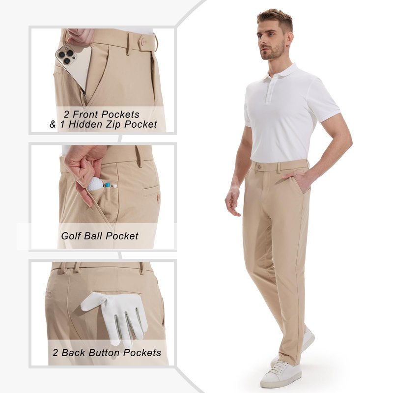 Hiwise Men's Golf Pants Stretch Dress Pants 30"/32"/34" Comfy Lightweight Casual Trousers Quick Dry Travel Pants with Pockets(Khaki, 30WX32L)