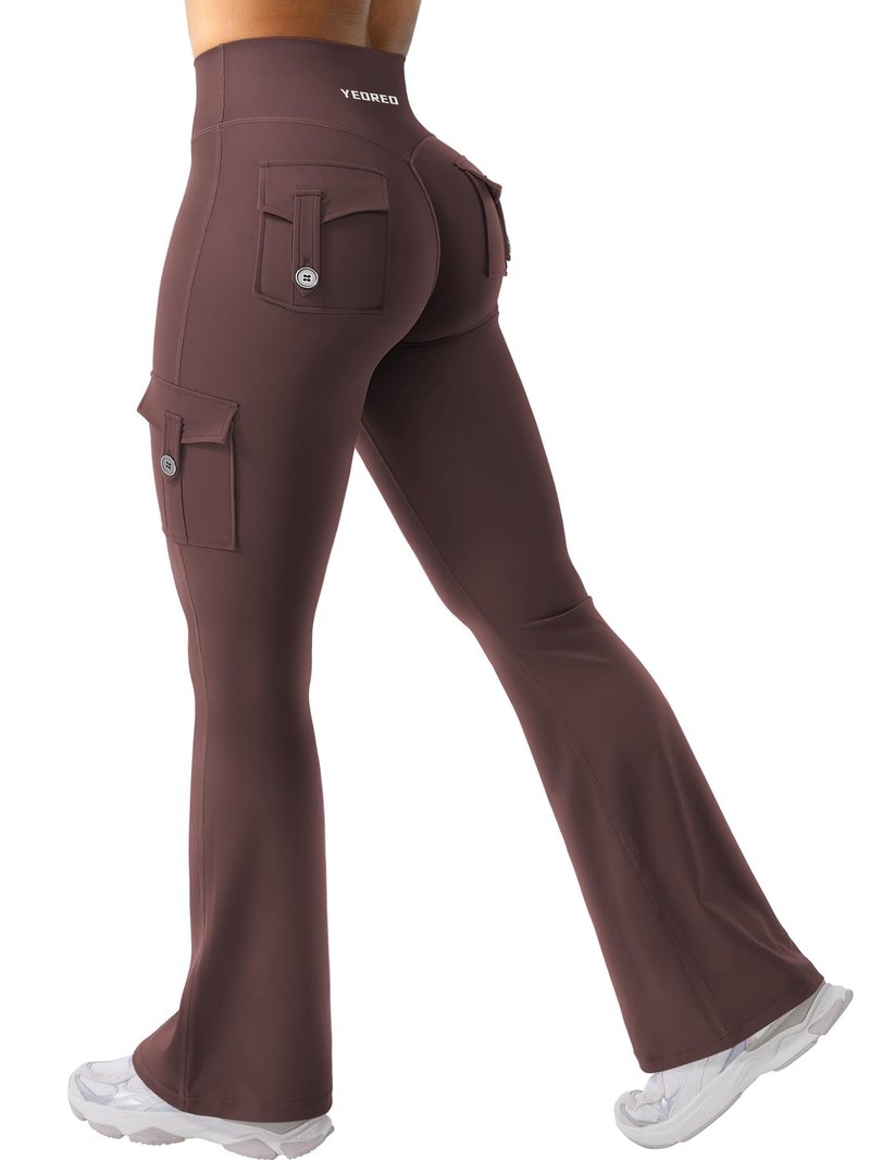 YEOREO CoreFlex Women Workout Flare Leggings with Pockets Hidden Scrunch High Waisted Cargo Gym Yoga No Front Seam Leggings Brown XL