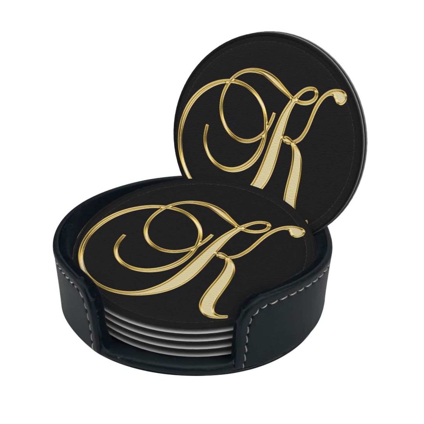 Famame 6 Pcs Letter K Alphabet Gold Print Leather Coasters for Drinks with Holder Coaster Sets Drink Table Cup Coasters for Living Room Kitchen Coffee Decor