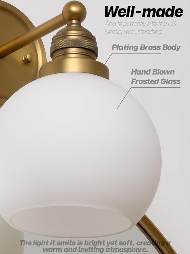 Gold Wall Sconces,Vintage Bathroom Vanity Light with Milk Glass Modern Brass Sconces Wall Lighting for Living Room Bedroom Hallway Stairway E26 Hardwire Indoor