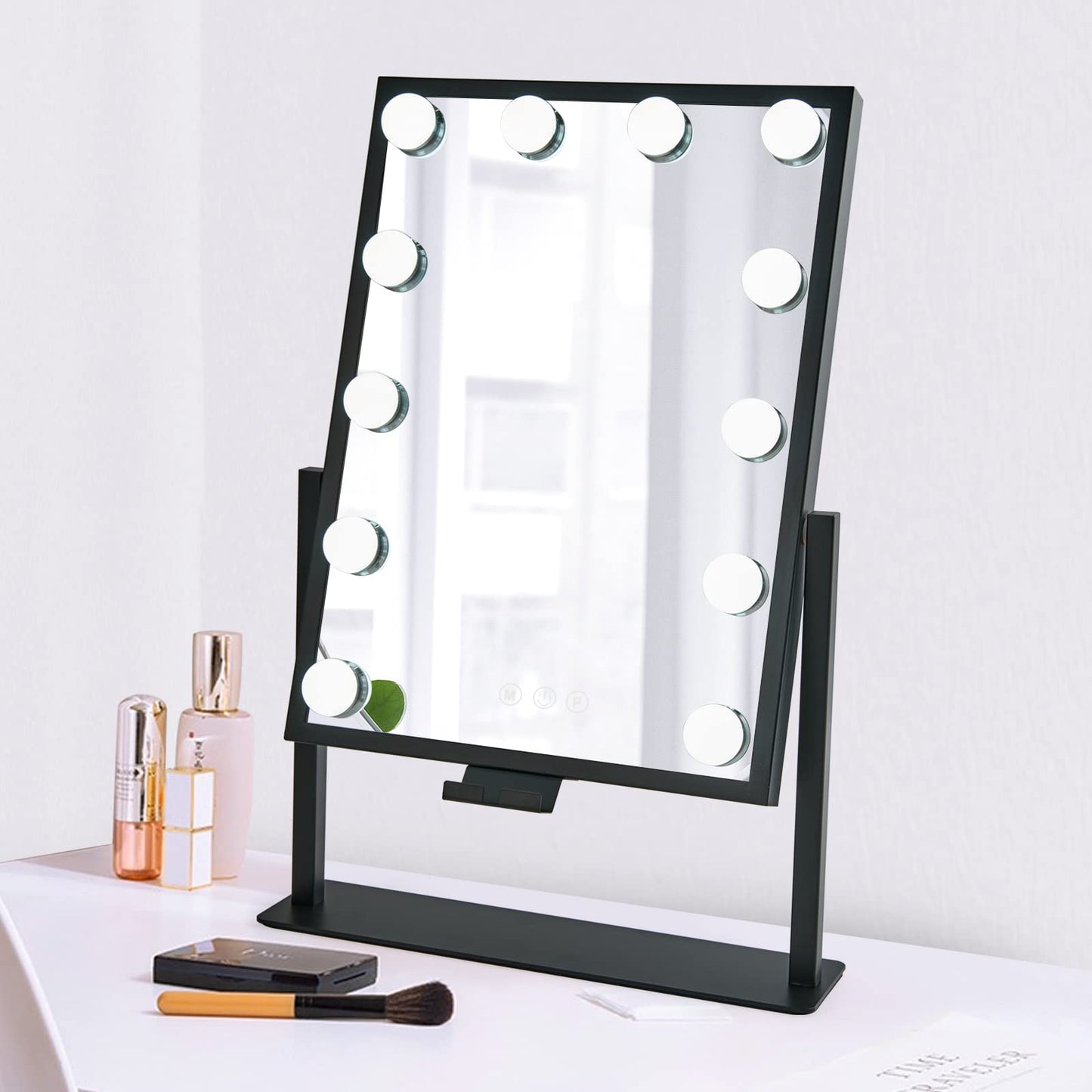 Lighted Makeup Mirror Hollywood Mirror Vanity Mirror with Lights, Touch Control Design 3 Colors Dimable LED Bulbs, Detachable 10X Magnification, 360°Rotation, (White) 12" L x 14" W