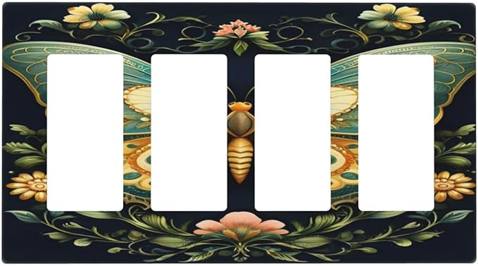 Butterfly Ornate with Flower Light Switch Cover 4 Gang Rocker Decora Outlet Covers Wall Plate Decorative Switchplate Electrical Faceplate GFCI for Farmhouse Living Bedroom Decor