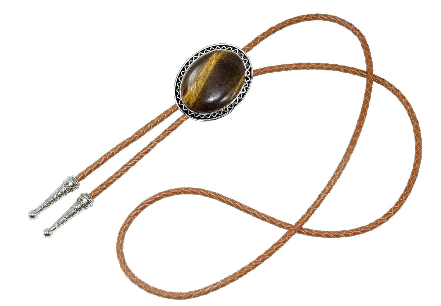 Moranse Bolo Tie with Natural Tiger Eye Stone Celtic Style Genuine and Colored Cowhide Rope