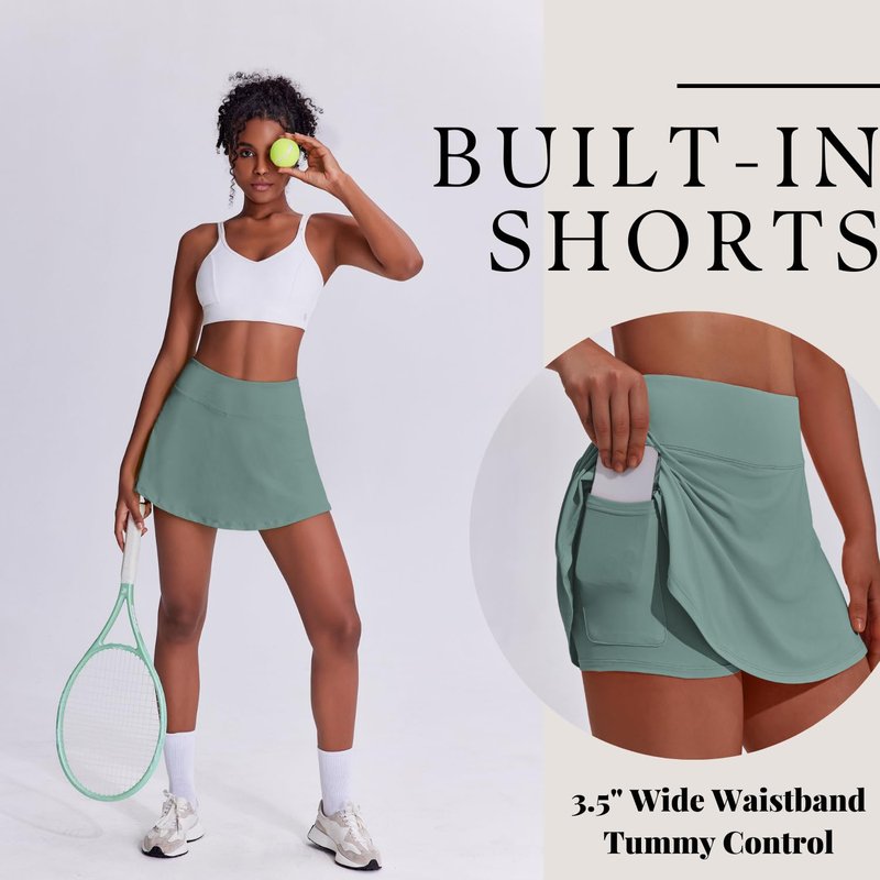 PINSPARK Womens Tennis Skirts Stretch Athletic Skort Mini Pleated Skirt with Shorts Running Golf Casual,Sage Grey Large