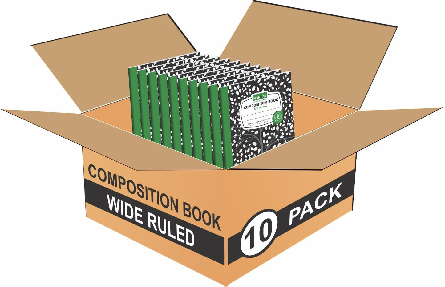 ECONAMA Composition Notebooks Pack of 10 Wide Ruled 200 Pages (100 Sheets) 9.75"x7.5" Black Marble Carbon Neutral Recyclable Paper Eco-Friendly School & Office Supplies For Students and Professionals