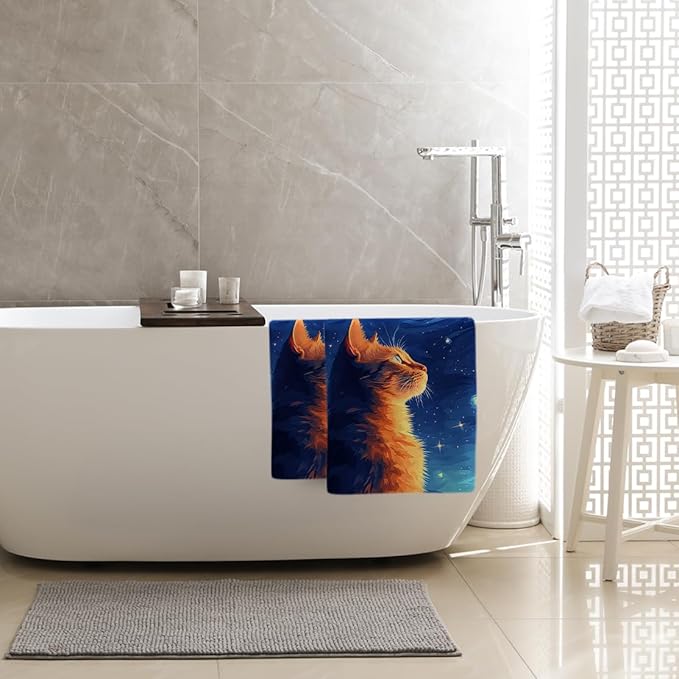 Cute Orange Cat Hand Towels Decorative Set of 2 Soft Absorbent Abstract Blue Starry Sky Bath Towels for Bathroom Farmhouse Spa Gym Yoga Home Decor, Gifts for Cat Lover 14"x28"