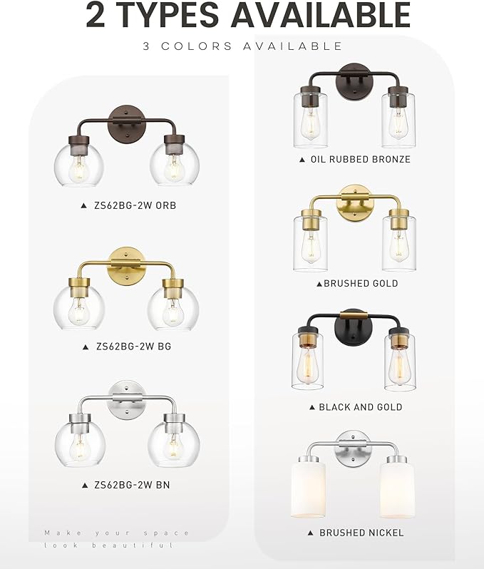zeyu Modern Bathroom Vanity Lamp, Globe Vanity Light for Bathroom, 2-Light Wall Mirror Light, Brushed Nickel Finish with Clear Glass Shade, ZS62BG-2W BN
