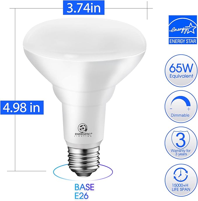 Energetic LED Flood Light Bulbs BR30, 65W Equivalent, Dimmable, Warm White 3000K, 750lm, Indoor Flood Lights for Recessed Cans, Energy Star & CRI 90, 6 Pack