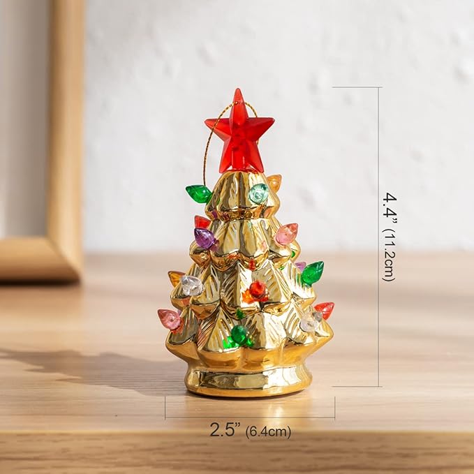 B SEPOR Set of 3 Mini 4.5" Inch Nostalgic LED Ceramic Christmas Tree with Lights Xmas Tree That Light Up Hanging Ornaments White Golden Green Assorted for Holiday Decoration and Gifts