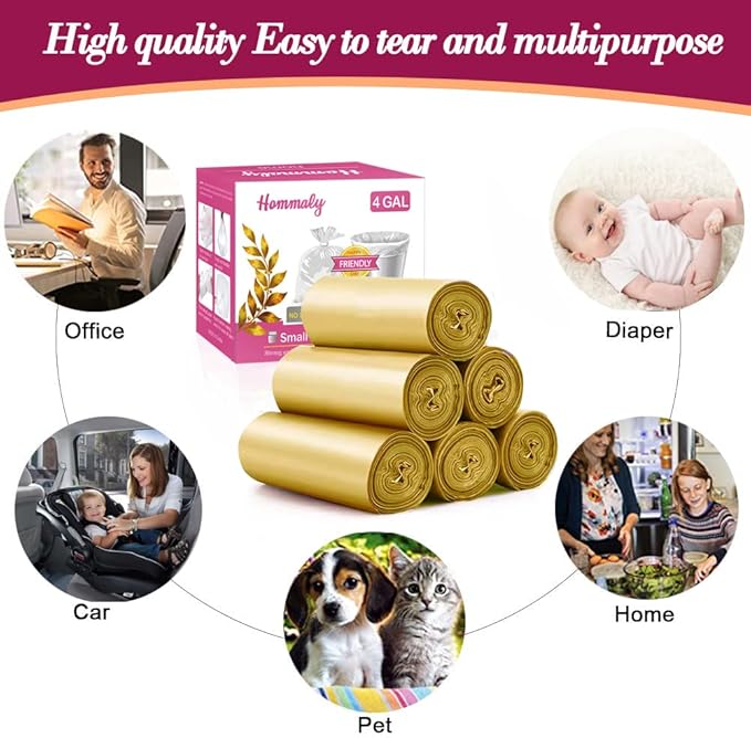 4 Gallon 180pcs Small Gold Trash Bags Strong Golden Garbage Bags, Bathroom