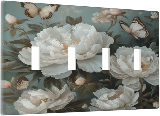 Decorative Art Light Switch Covers Butterflies & Peonies Quad Toggle 4 Gang Wall Plate Switch plate Electrical Faceplate for Home Decor