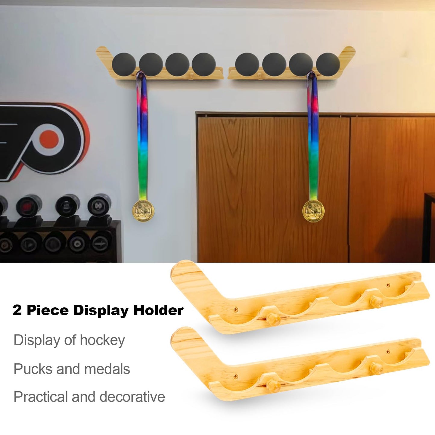 LyunZiS 2 Pack Hockey Puck Display Cases for Father's Day Gifts, Wooden Wall Mount Holder with Hook - Hockey Puck Holder Living Room Stick Decor Accessory for Player Team Gift - burlywood