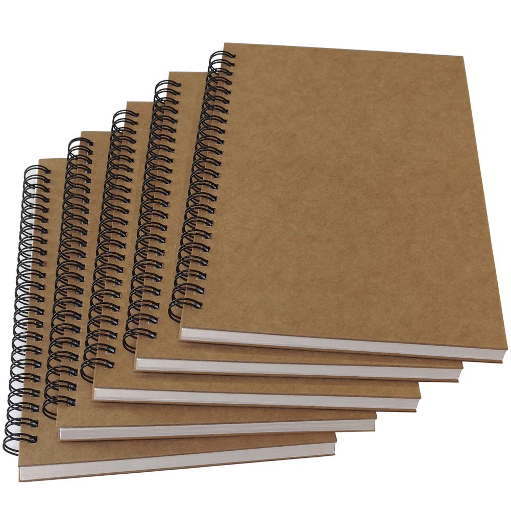 YUREE A5 Spiral Notebook Blank, 100gsm Thick Paper & Hard Kraft Cover, 60 Sheets (120 Pages), 8.35" x 5.9", Brown, 5 Pack
