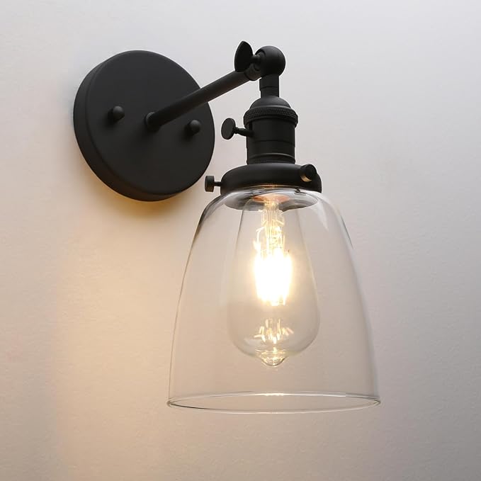 Pathson Vintage Hardwired Wall Sconce with On Off Switch, Clear Glass Black Vanity Light, Indoor Wall Lighting Fixtures for Bathroom Bedside Garage Porch Cafe Club