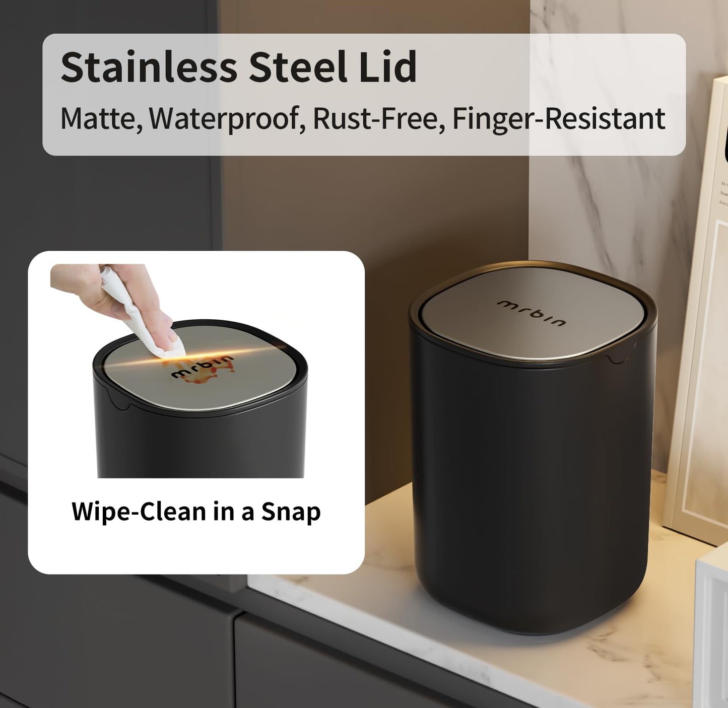 MRBIN Desk Mini Car Trash Can, 0.4 Gallon Table Top Plastic Waste Basket with Stainless Steel Lid, Small Garbage Bin for Bedroom, Coffee Bar, Vanity Countertop, Black