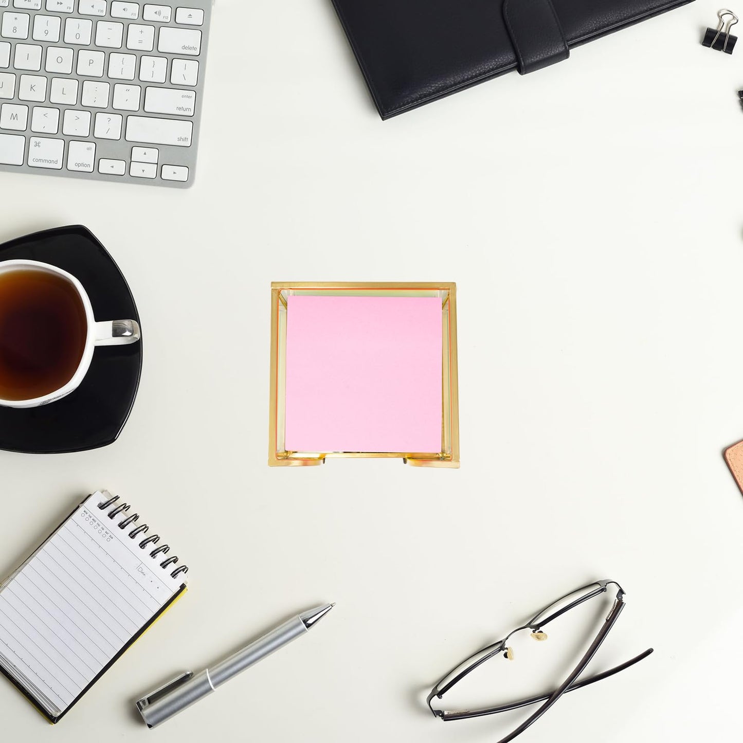 Shonmogar Glass Sticky Note Holder, Gold Post It Note Dispenser for Desk,3 x 3 Inch Post It Note Holder,Stylish Sticky Note Dispenser for Home Office Desk
