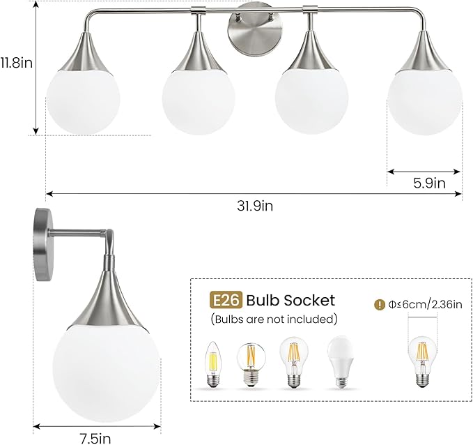 Bathroom Vanity Light Fixtures: 4 Lights Mid Century Modern Bathroom Lighting Fixtures Over Mirrors - Brushed Nickel Wall Sconce with Milky Glass Ball Shades for Bath Bedroom