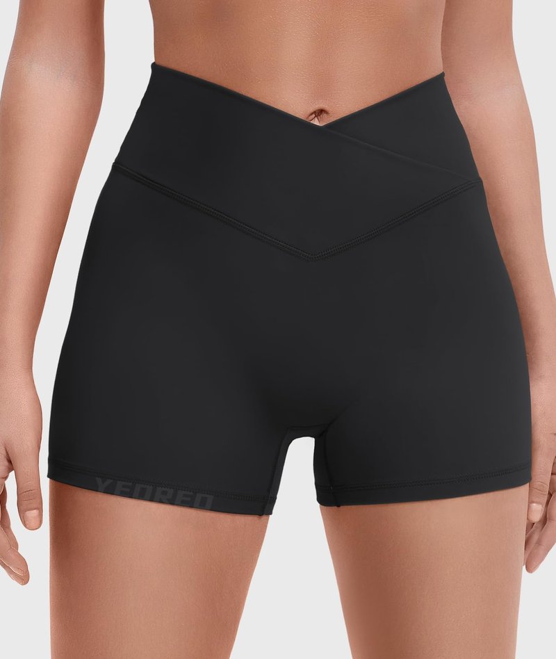 YEOREO Gym Workout Shorts for Women High Waisted Tummy Control Hidden Scrunch 4.5" Booty Shorts Julissa Cross Waist Yoga Black