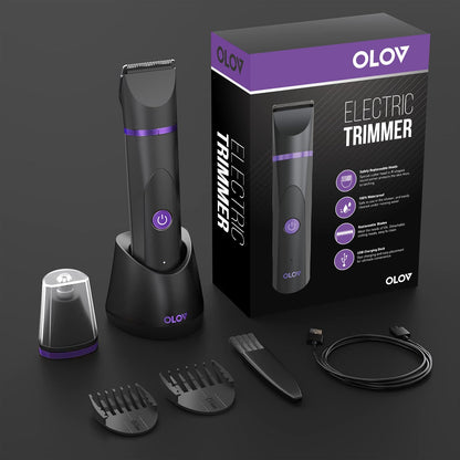 OLOV Electric Body Hair Trimmer - Groin Trimmer for Men - Bikini Trimmer Women - Wet/Dry Shaver Groomer, Replaceable Ceramic Blade Heads, USB Recharge Dock, Waterproof Hygiene Razor,Black