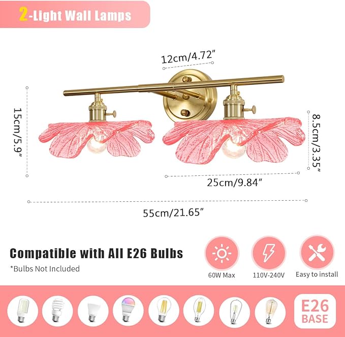 2 Light Bathroom Vanity Lights Over Mirror, Vintage Wall sconces with Pink Glass Shade Bathroom Sconce Gold Vanity Lighting Fixture mid Century Wall Sconce Light for Bedside Bedroom Doorway