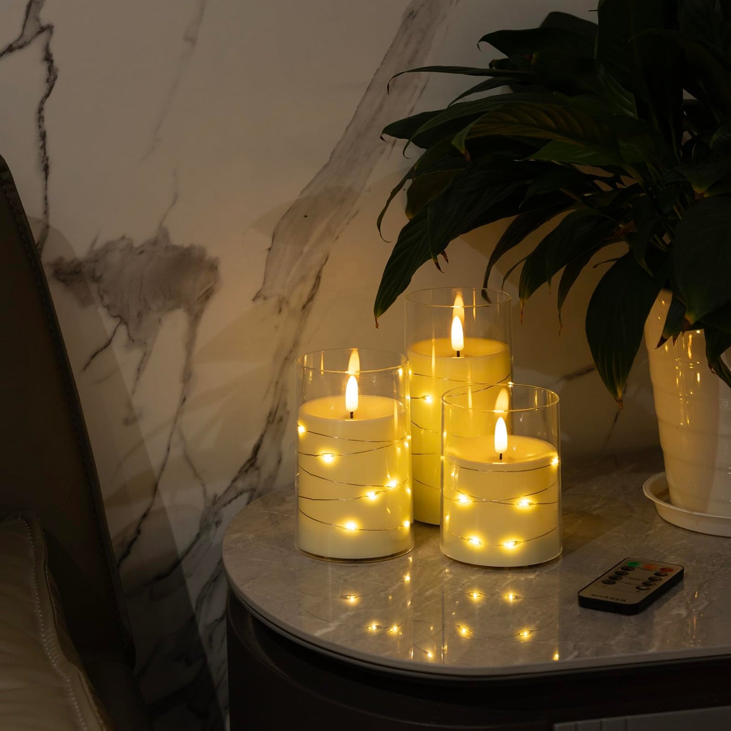 COVEGE Flickering Flameless Candles with Embedded String Lights - Acrylic Battery Operated Candles with Remote, LED Pillar Candles for Valentines/Wedding Home Decor（White）