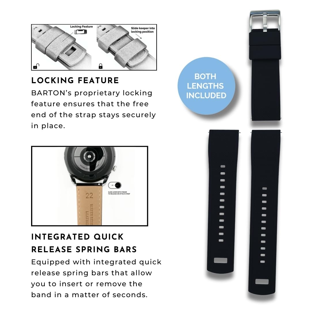 BARTON WATCH BANDS Quick Release Elite Silicone Watch Bands, Black, 22mm