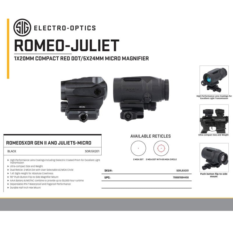 Sig Sauer ROMEO5XDR 1x20 mm 2 MOA Red Dot Sight & Juliet5-Micro 5X Magnifier Combo - Compact Rugged Durable Waterproof Gun Optics