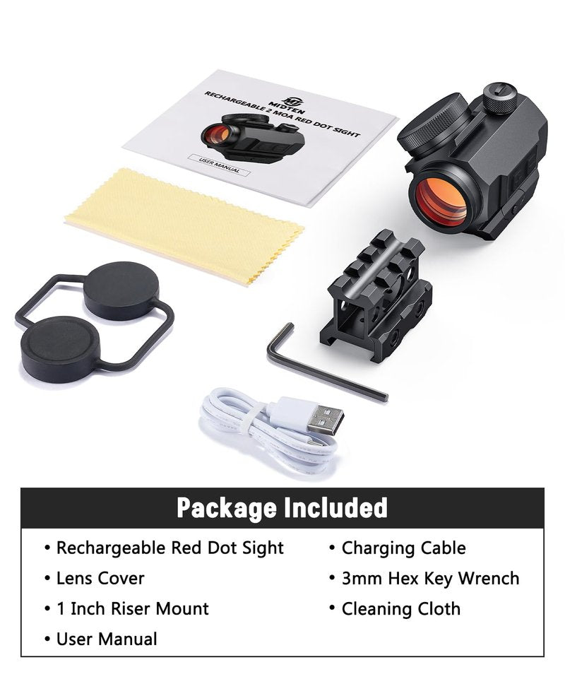 MidTen Rechargeable Red Dot Sight, 1x20mm 2 MOA Red Dot, Waterproof & Shockproof & Fog-Proof Chargeable Red Dot Scope with Lower 1/3 Co-Witness Riser