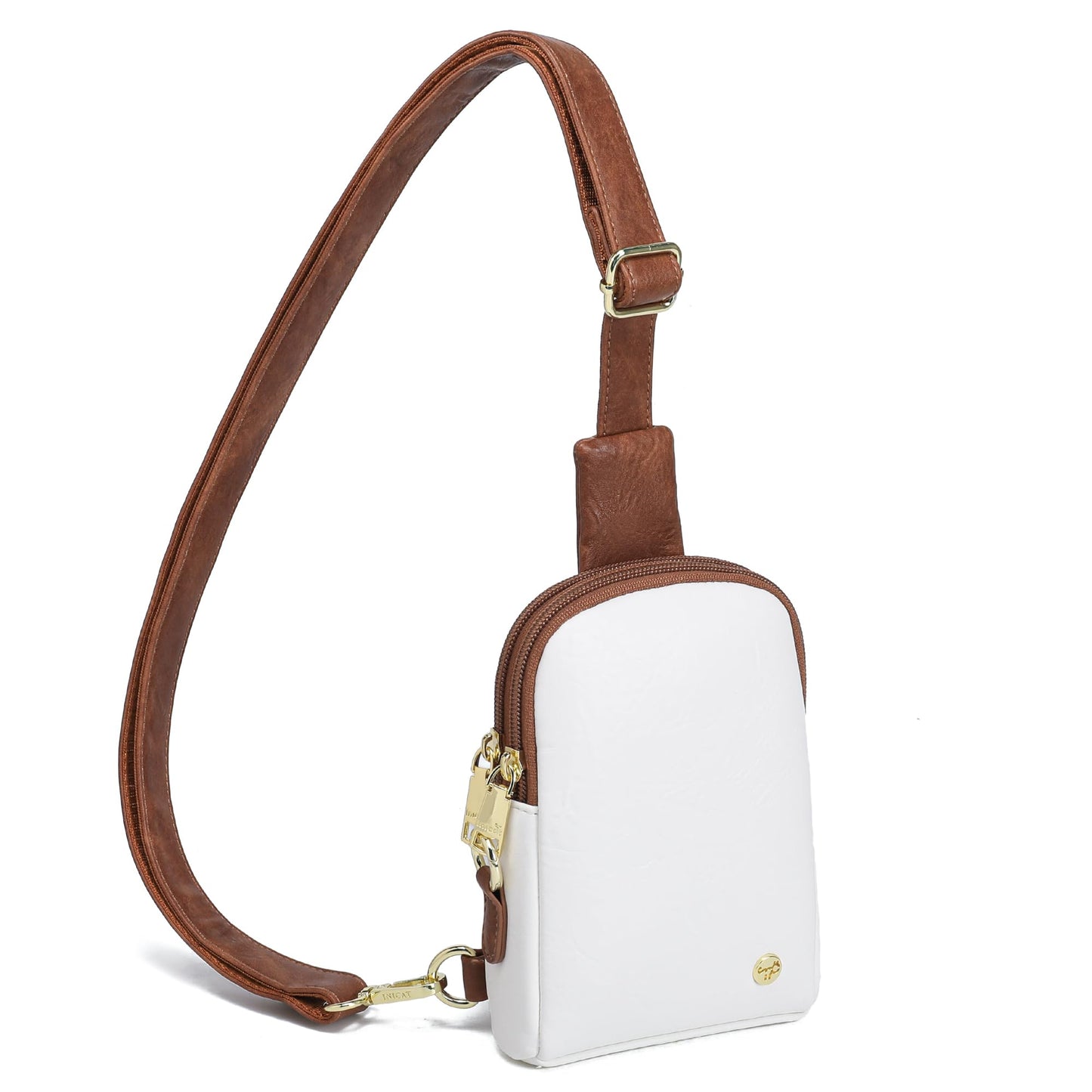 INICAT Sling Bag for Women Touchscreen Small Crossbody Cell Phone Purse Fanny Pack (White Brown Anti Theft)