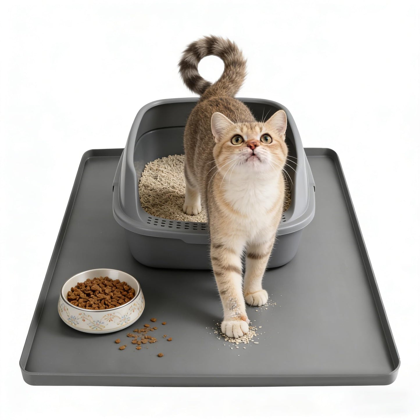 Silicone Cat Litter Mat 24x20 in Waterproof Litter Box Mat Leak-Proof Thick Under Kitty Litter Box Feeding Tray with Raised Edges for Floor Carpet, Grey