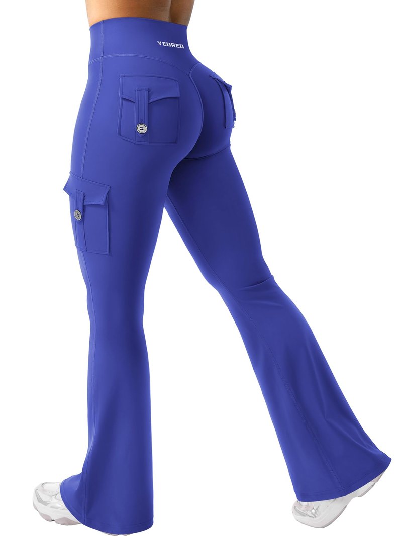 YEOREO CoreFlex Women Workout Flare Leggings with Pockets Hidden Scrunch Cargo Gym Yoga No Front Seam Leggings Dazzling Blue M