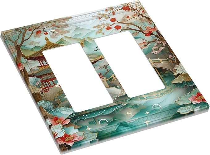 Asian Palace Traditional Bridge Cherry Blossoms Dual Outlet Covers Wall Plate 2 Gang Rocker Decorative Switchplate Electrical Faceplate GFCI Light Switch Covers for Farmhouse Living Decor
