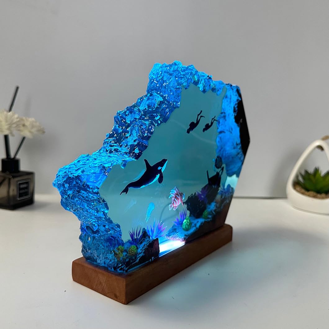 VISIOLEX Resin Ocean Lamp, Resin Wooden Lamp, Table Lamp, Night Lamp, Resin Lamp, Ocean Lamp, Tabletop Art Decoration, Handmade Bedside Wooden Table Resin Lamp, Bedroom Decoration (6 * 4in)