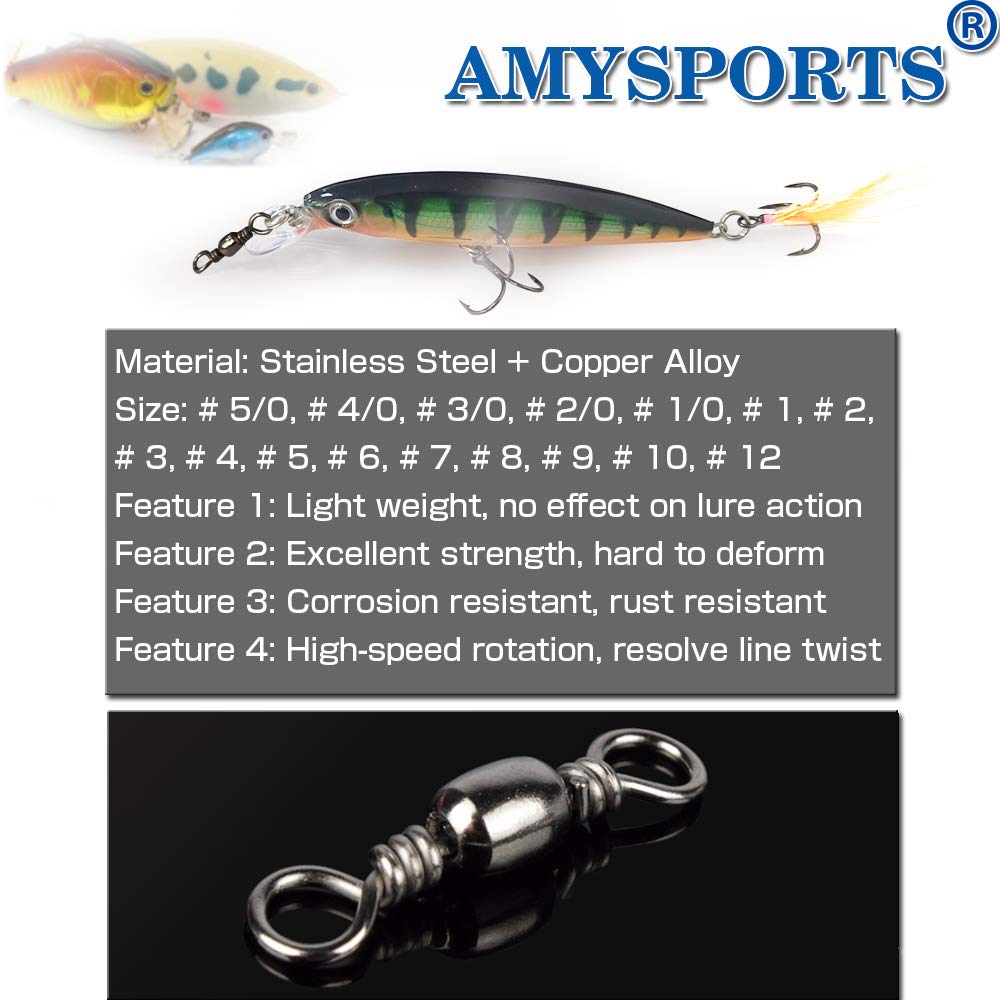 AMYSPORTS High Strength Fishing Swivels - Barrel Solid Ring & Rolling Fishing Tackle Line Connectors - Saltwater & Freshwater - Stainless Steel Accessories - 100pcs - 31lbs