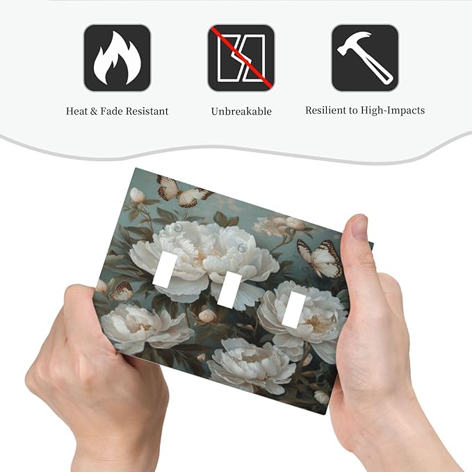 Decorative Art Light Switch Covers Butterflies & Peonies 3 Gang Triple Toggle Wall Plate Decorative Switch plate Electrical Faceplate for Home Decor